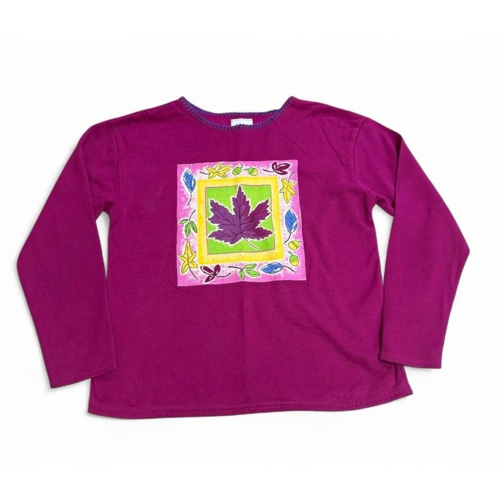 Basic Image Womens Small Purple Fall Leaf Graphic Long Sleeve Shirt Y2K